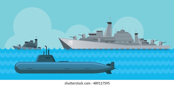 Warship And Submarine, Side View In The Sea, Navy, Patrol Ship, Flat Design Objects