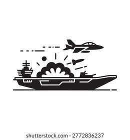 warship under attack by fighter jet vector illustration