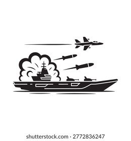 warship under attack by fighter jet and missiles