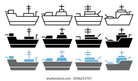 Coleção de ícones vetoriais de navios de guerra. conjunto de ilustrações vetoriais.