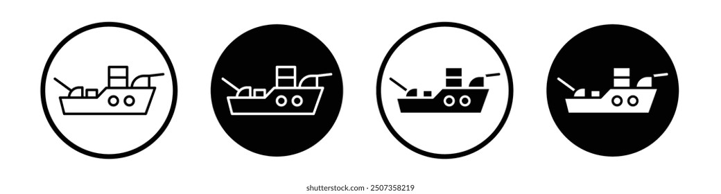 Warship vector icon set black filled and outlined style.