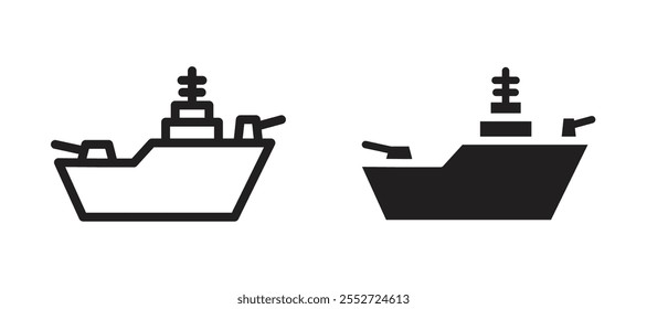 Conjunto de iconos de Vector de buque de guerra negro relleno y estilo delineado.