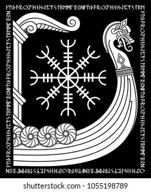 Warship of the Vikings. Drakkar, ancient scandinavian pattern and norse runes, isolated on black, vector illustration