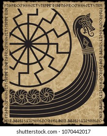 Warship of the Vikings. Drakkar, ancient scandinavian pattern and norse runes, isolated on black, vector illustration