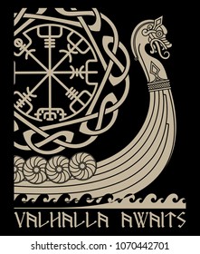 Warship of the Vikings. Drakkar, ancient scandinavian pattern and norse runes, isolated on black, vector illustration