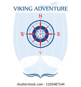 Warship of the Vikings. Drakkar in a circle of Norse runes, isolated on white, vector illustration