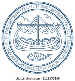 Warship of the Vikings. Drakkar in a circle of Norse runes, isolated on white, vector illustration