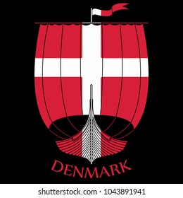 Warship of the Vikings - Drakkar and Denmark flag, isolated on black, vector illustration