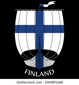 Warship of the Vikings - Drakkar and Finland flag, isolated on black, vector illustration