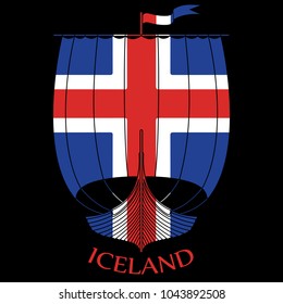 Warship of the Vikings - Drakkar and Iceland flag, isolated on black, vector illustration