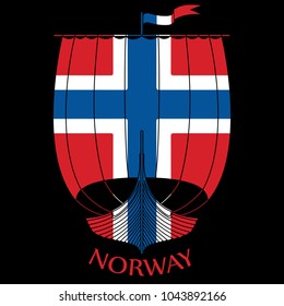 Warship of the Vikings - Drakkar and Norway flag, isolated on black, vector illustration