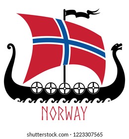 Warship of the Vikings - Drakkar and Norway flag, isolated on white, vector illustration