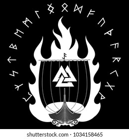 Warship of the Vikings. Drakkar on fire, isolated on black, vector illustration
