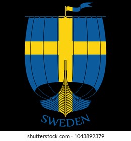 Warship of the Vikings - Drakkar and Sweden flag, isolated on black, vector illustration