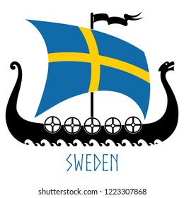 Warship of the Vikings - Drakkar and Sweden flag, isolated on white, vector illustration
