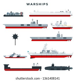 Warships Of Different Types, Set. Military Boats. Cruiser, Destroyer, Aircraft Carrier, Frigate, Corvette, Mine Warfare, Patrol Craft, Amphibious Assault Ship, Submarine. Vector Illustration.
