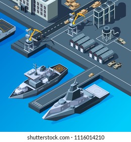 Warships On The Pier. American Navy Isometric Pictures Set. Navy Transport, Military Vessel. Vector Illustration