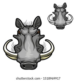 Icono vectorial de jabalí warthog con cabeza de cerdo salvaje o cerdo de razorback africano con colmillos curvos, bozal enfurecida y hocico gris. Diseño de mamíferos safari con símbolo de club deportivo zoológico o de caza