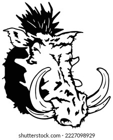 Icono vectorial de jabalí warthog con cabeza de cerdo salvaje o cerdo de razorback africano con colmillos curvos, bozal enfurecida y hocico gris. Diseño de mamíferos safari con símbolo de club deportivo zoológico o de caza