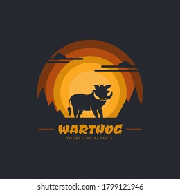 Warthog with cliff mountain and sky background. Design element for company logo, label, emblem, apparel or other merchandise. Scalable and editable Vector illustration.