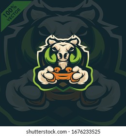 Warthog Gamer holding Game-pad Joystick. Mascot logo design modern illustration concept style for badge, emblem, tshirt printing. Gamer illustration for esport team. Scalable and editable Vector.