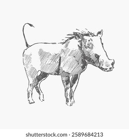 Warthog hand drawings. Collection of drawings safari. Vintage paper. Wild and exotic animals. Hand drawn in vintage style. Hand drawn line graphics. Isolated on white background. Vector description.