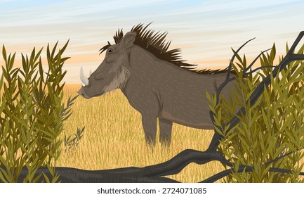 Jabalíes de pie en la hierba seca en la sabana africana. Paisaje de Vector realista.