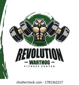 Warthog with strong body, fitness club or gym logo. Design element for company logo, label, emblem, apparel or other merchandise. Scalable and editable Vector illustration
