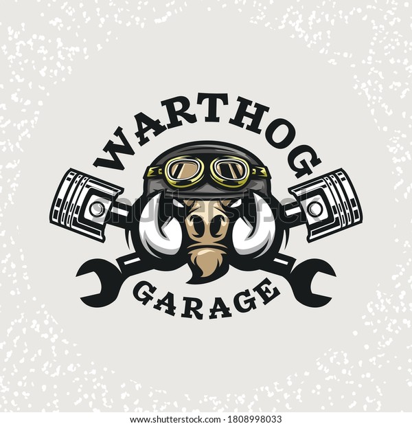 Warthog Wild Boar head auto repair and\
custom Garage logo. Design element for company logo, label, emblem,\
sign, apparel or other merchandise. Scalable and editable Vector\
illustration.