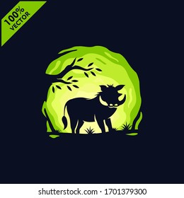 Warthog Wild Boar with tree and sky background safari zoo logo. Scalable and editable vector.