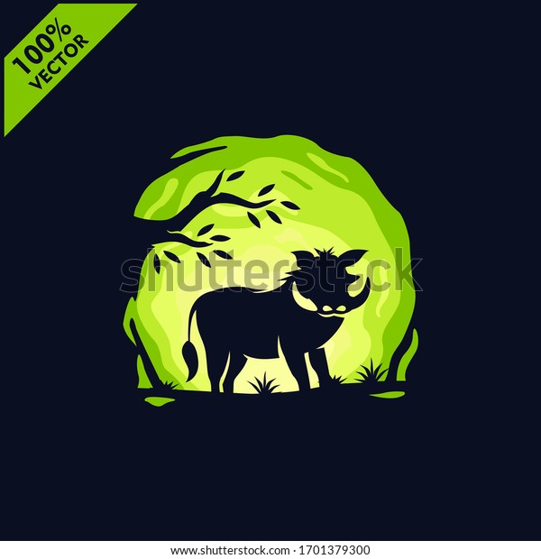 Warthog Wild Boar with tree and sky\
background safari zoo logo. Scalable and editable\
vector.