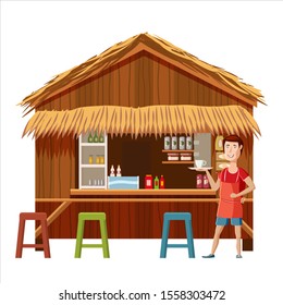 Warung street cafe restaurant with seller man, small family owned busines, store shop. Vector isolated cartoon style