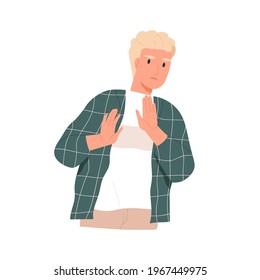 Wary man gesturing stop with palms, showing denial or rejection sign. Non-verbal communication of person with negative face expression. Colored flat vector illustration isolated on white background