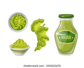 Wasabi in bottle and bowl, sauce spilled strips and spots. Wasabi sauce top view. Vector illustration.