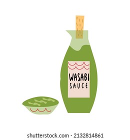 Wasabi in bottle and bowl, sauce spilled strips and spots. Wasabi sauce top view. Vector illustration.