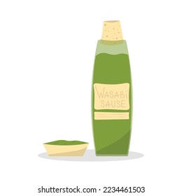 Wasabi in bottle and bowl, Wasabi sauce top view. Vector illustration.