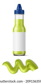 Wasabi bottle mockup with sauce spill. Container realistic template