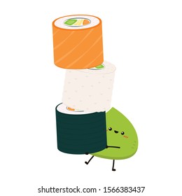 Wasabi character design. Sushi vector. Sushi on white background. salmon roll.