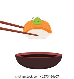 Wasabi character. Sushi vector. Sushi on white background. Salmon Sushi vector. chopsticks.