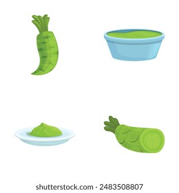 Wasabi dressing icons set cartoon vector. Wasabi root and bowl of sauce. Japanese condiment