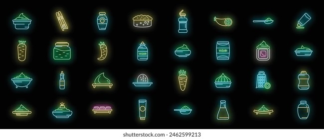 Wasabi icons set outline vector. Asia bowl. Cuisine dish neon color on black