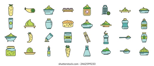 Los iconos de Wasabi establecen el Vector de contorno. Cuenco de Asia. Plato de cocina de línea fina de color plano sobre blanco