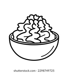 Wasabi. Japanese horseradish for sushi in bowl. Japanese food. Doodle sketch style. Vector illustration isolated on white background.