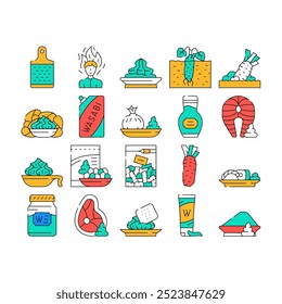 Wasabi Japanese Spice Collection Icons Set Vector. Sushi And Snack With Wasabi, Meat And Fish With Asian Flavoring, Tube And Bottle Package Contour Illustrations