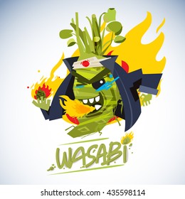 wasabi mascot in japanese costume with fire. hot and spicy character deign - vector illustration