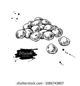Wasabi peas vector drawing. Hand drawn japanese appetizer. Dry Spice food. Traditional asian Snack. Great for template label, packing design