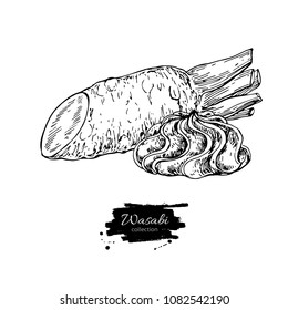 Wasabi root slice with sauce spill vector drawing. Hand drawn sushi ingredient sketch. Traditional asia food condiment. Great for template label, packing design