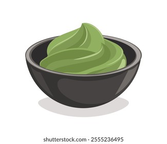 Wasabi sauce in black bowl. Pickled ginger in plate, horseradish, mustard for sushi asian cuisine. Illustration