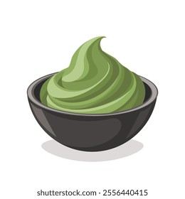 Wasabi sauce in black bowl. Pickled ginger in plate, horseradish, mustard for sushi asian cuisine. Illustration