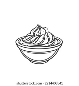 Wasabi Sauce In Bowl Outline Icon Vector Illustration. Line Hand Drawing Japanese Cream Dip For Food, Spicy Creamy Dressing And Condiment With Texture In Cup, Side View Of Japan Restaurant Sauce